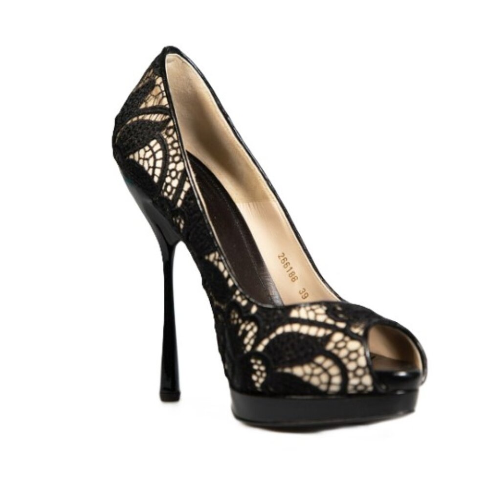 Alexander McQueen Black Lace Platform Peep Toe Pump | 39